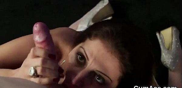  Slutty model gets sperm shot on her face eating all the spunk